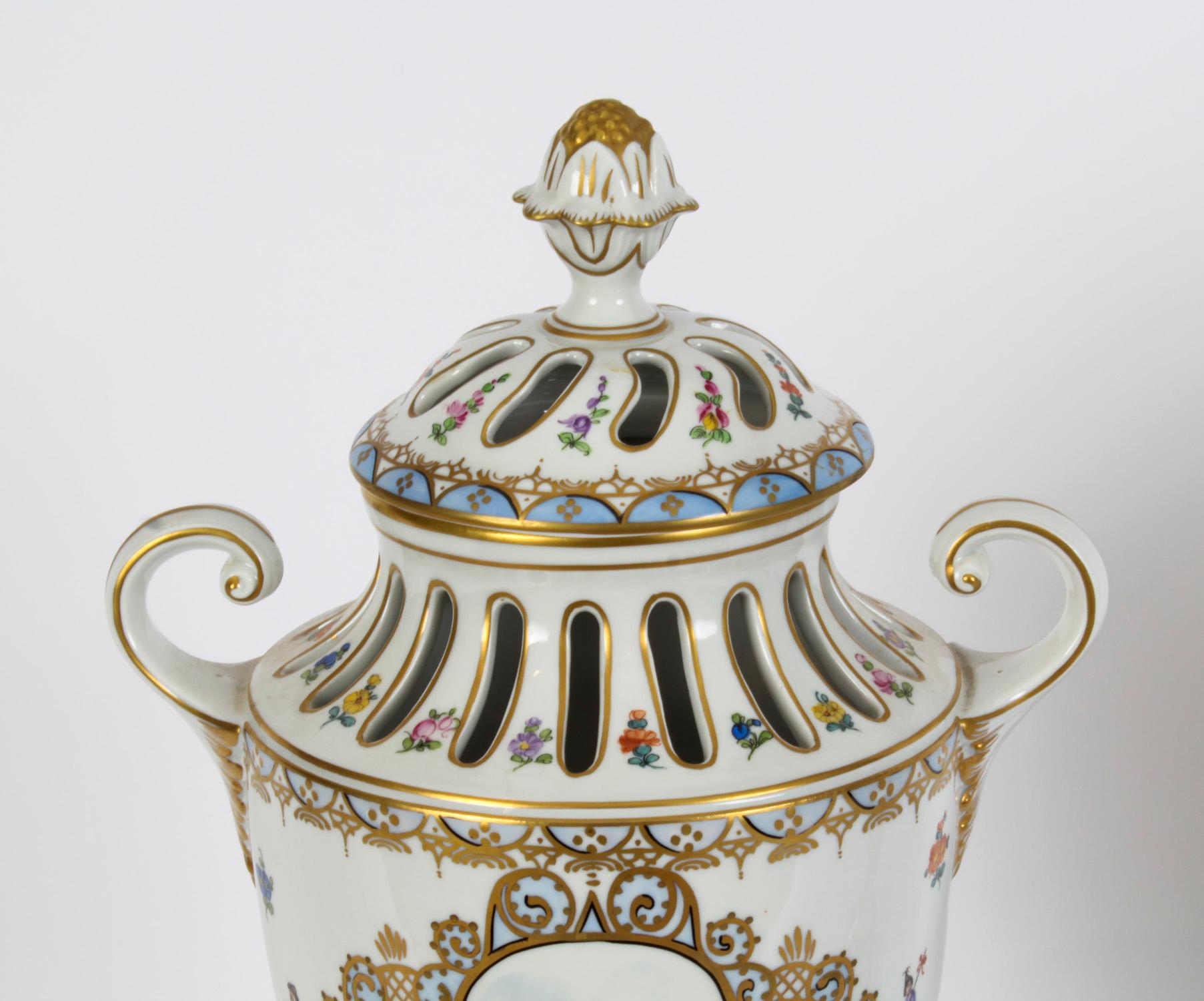 Early 20th Century Antique Pair Dresden Porcelain Pot Pourri Lidded Vases 1920s 20th C For Sale