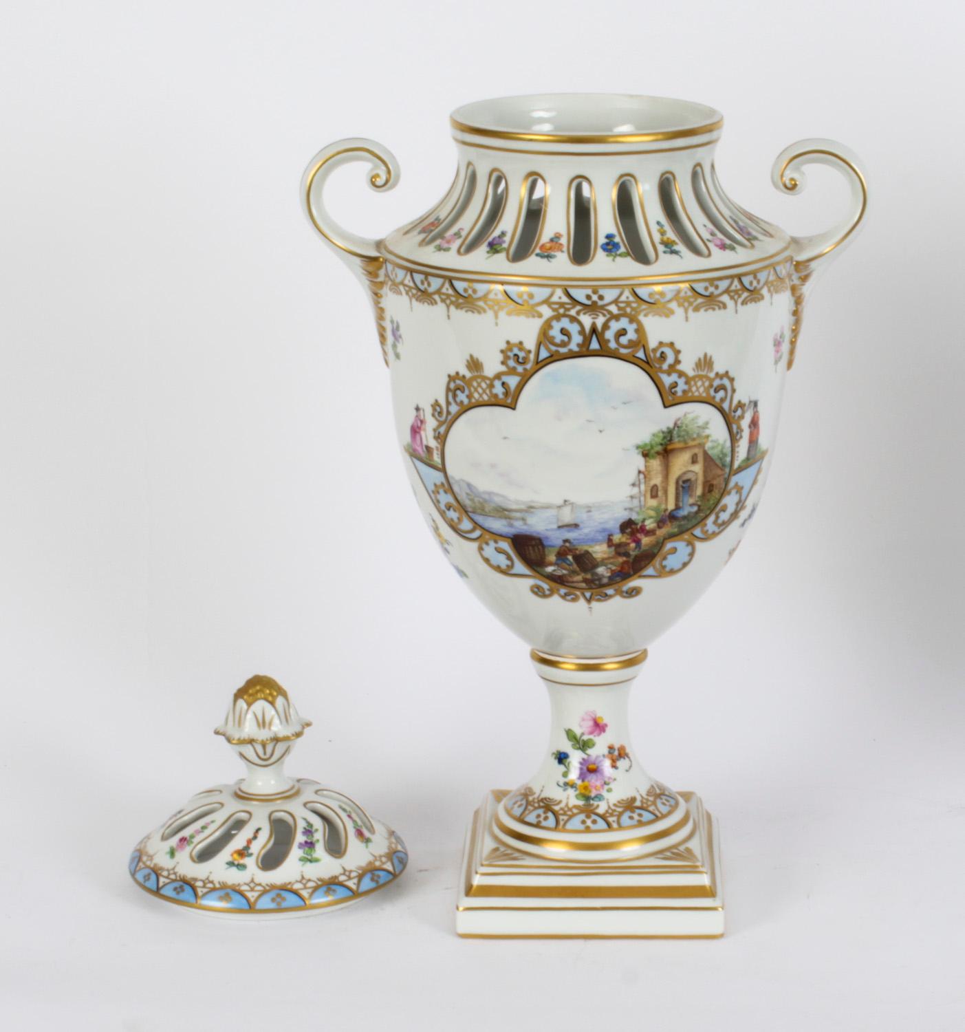 Antique Pair Dresden Porcelain Pot Pourri Lidded Vases 1920s 20th C For Sale 2