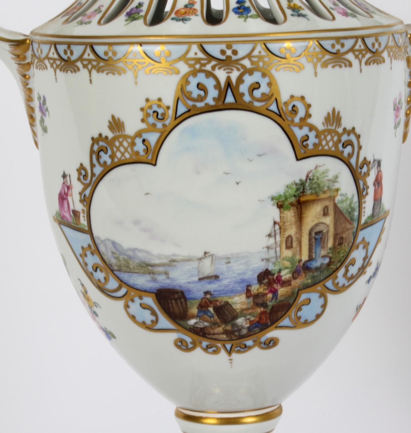 Antique Pair Dresden Porcelain Pot Pourri Lidded Vases 1920s 20th C For Sale 3