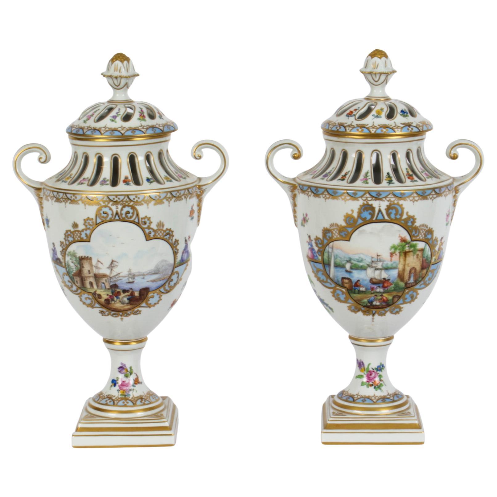 Antique Pair Dresden Porcelain Pot Pourri Lidded Vases 1920s 20th C For Sale