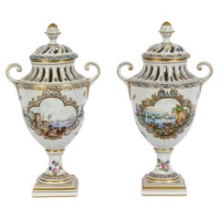 Antique Pair Dresden Porcelain Pot Pourri Lidded Vases 1920s 20th C