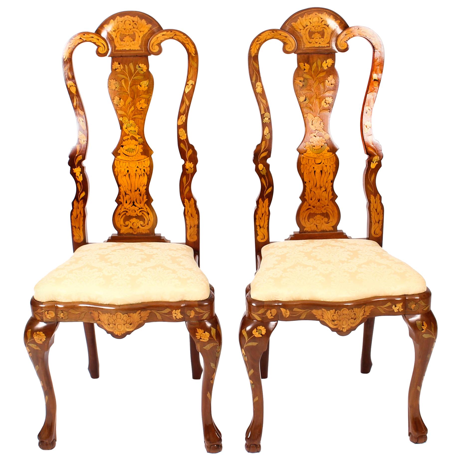 Antique Pair of Dutch Floral Marquetry Walnut Dining Chairs Late 18th Century