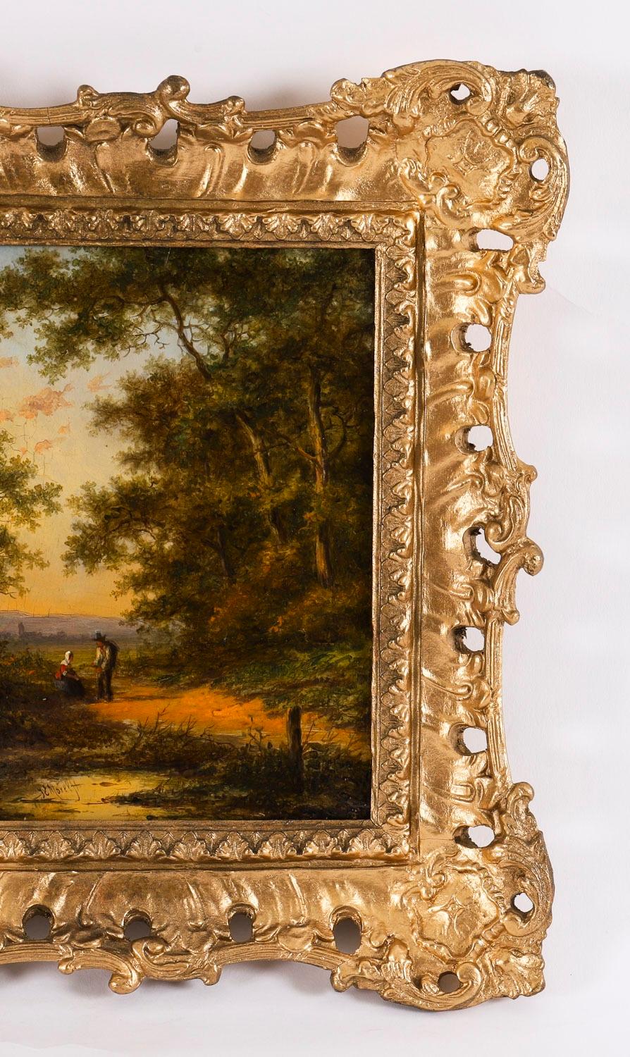 Antiguo par de óleos holandeses con escenas de bosque de Jan Evert Morel Siglo XVIII Lienzo en venta