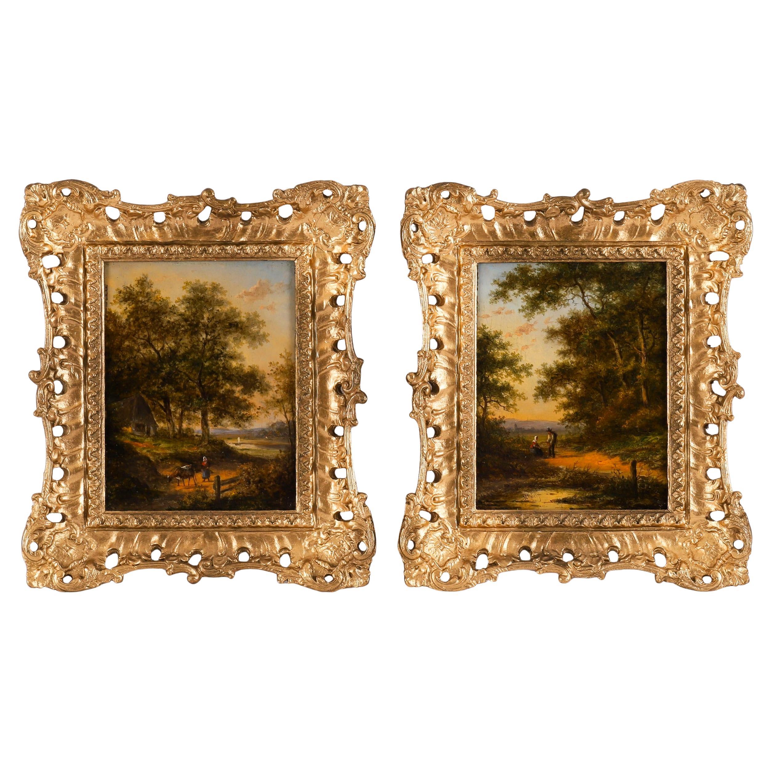 Antiguo par de óleos holandeses con escenas de bosque de Jan Evert Morel Siglo XVIII
