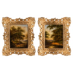 Antique Pair Dutch Forest Scene Oil Paintings by Jan Evert Morel 18th Century