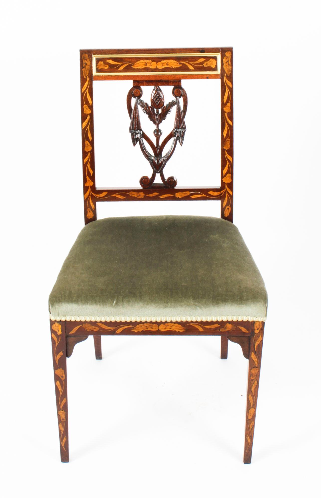 Regency Antique Pair of Dutch Marquetry Side Chairs, 19th Century