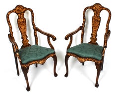 Antique Pair Dutch Marquetry Walnut High Back Armchairs Late 18th Century