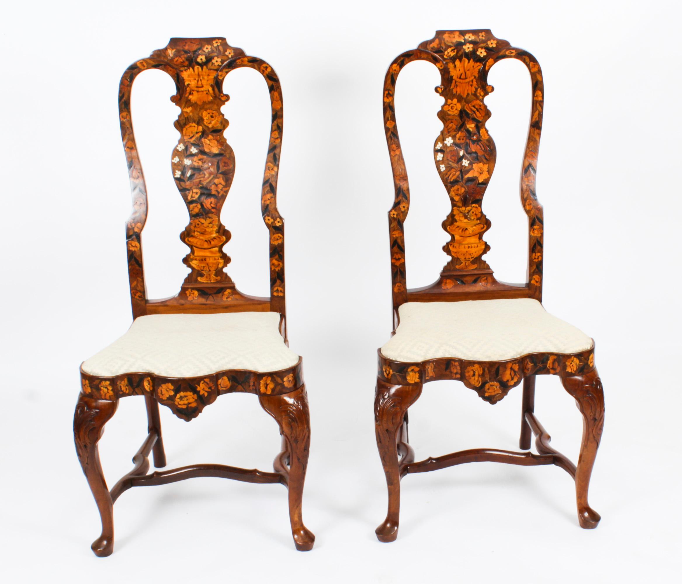 Antique Pair Dutch Marquetry Walnut High Back Side Chairs Late 18th C 14
