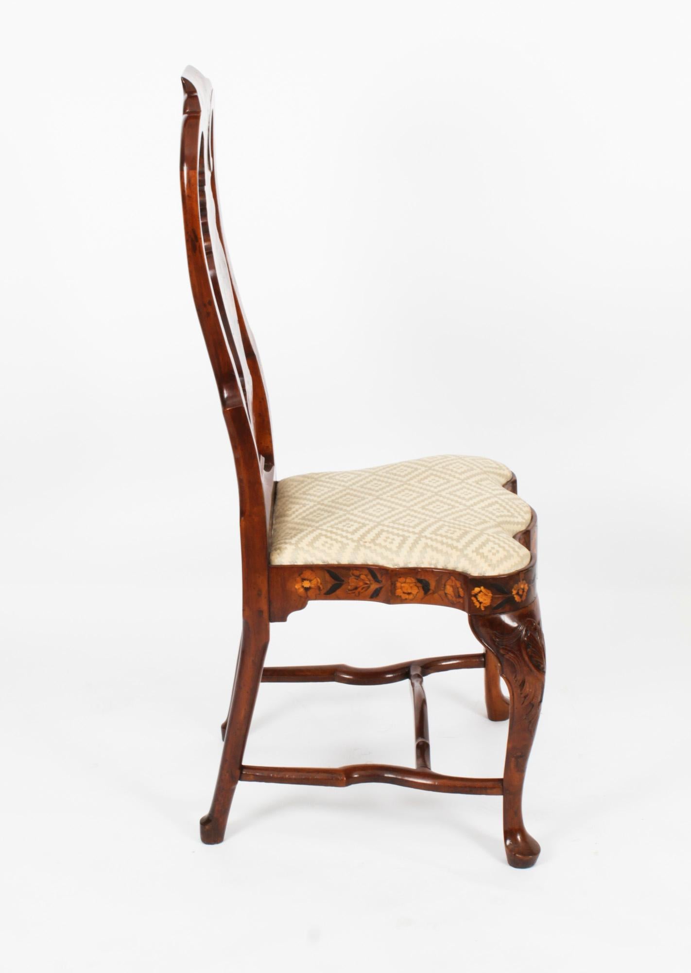 Antique Pair Dutch Marquetry Walnut High Back Side Chairs Late 18th C In Good Condition In London, GB