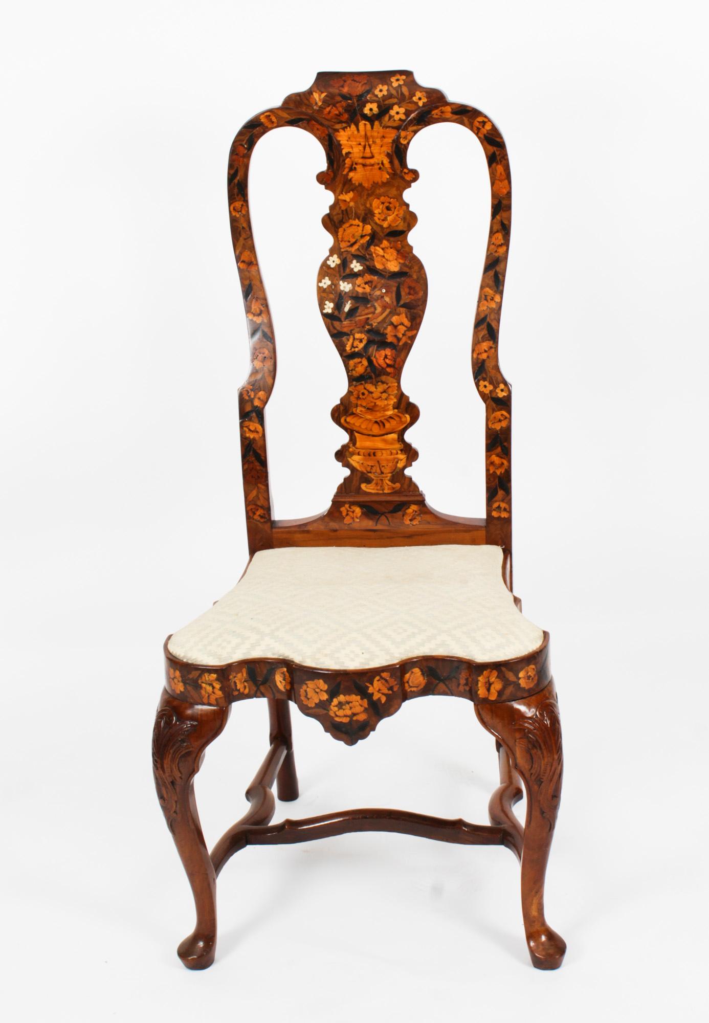 Late 18th Century Antique Pair Dutch Marquetry Walnut High Back Side Chairs Late 18th C