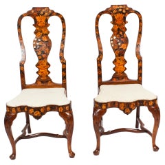 Antique Pair Dutch Marquetry Walnut High Back Side Chairs Late 18th C
