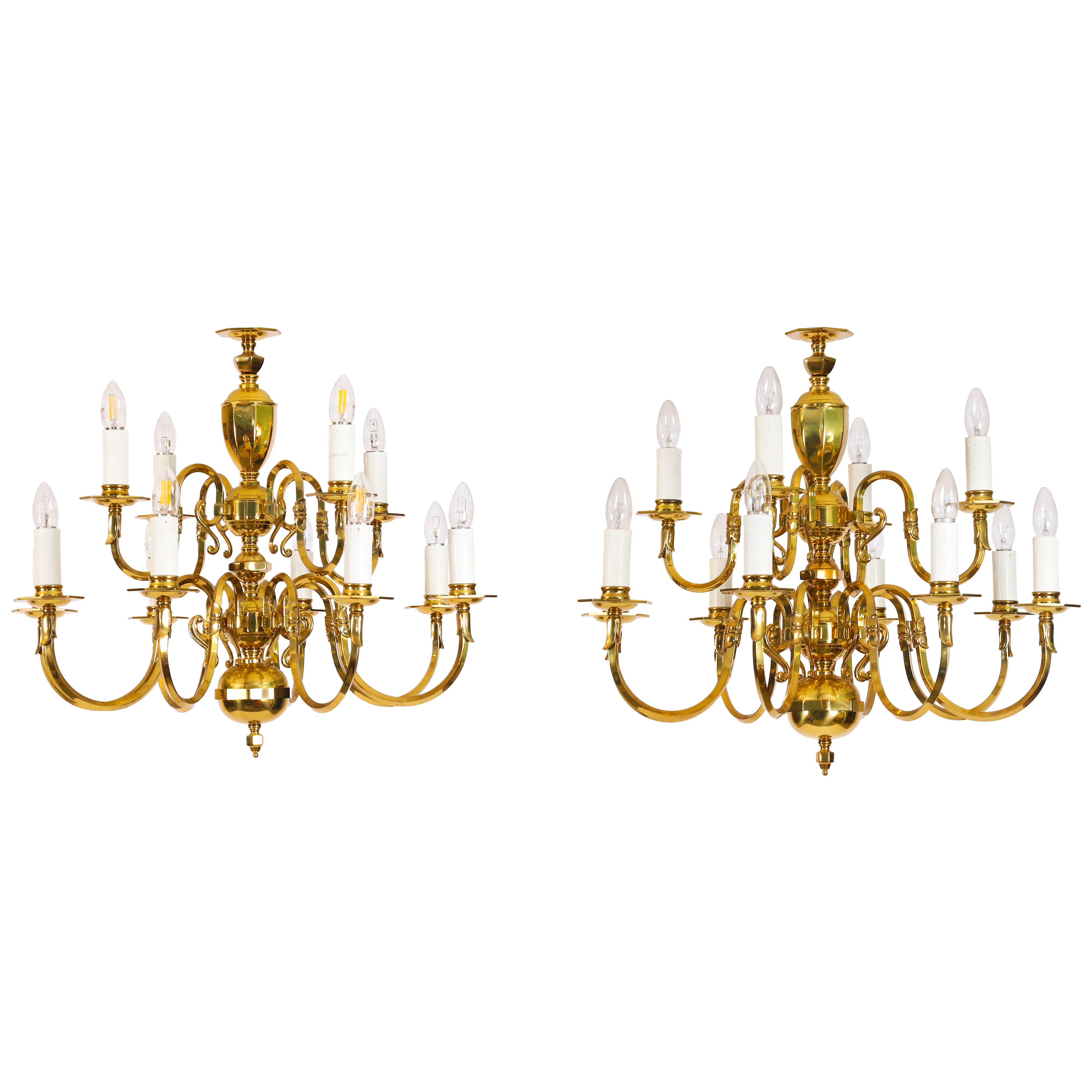 Antique Pair Dutch Renaissance Brass Two-tier Chandeliers Circa 1920