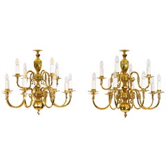 Antique Pair Dutch Renaissance Brass Two-tier Chandeliers Circa 1920