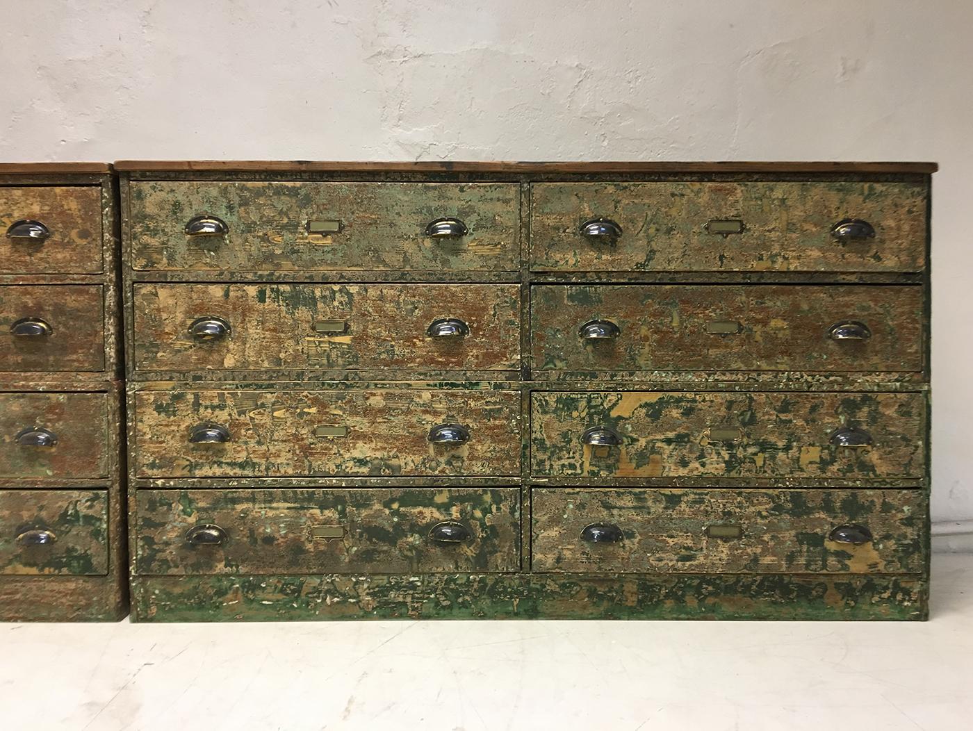 Industrial Antique Pair of 20th Century English Pine Banks of Drawers Haberdashery, 1920s