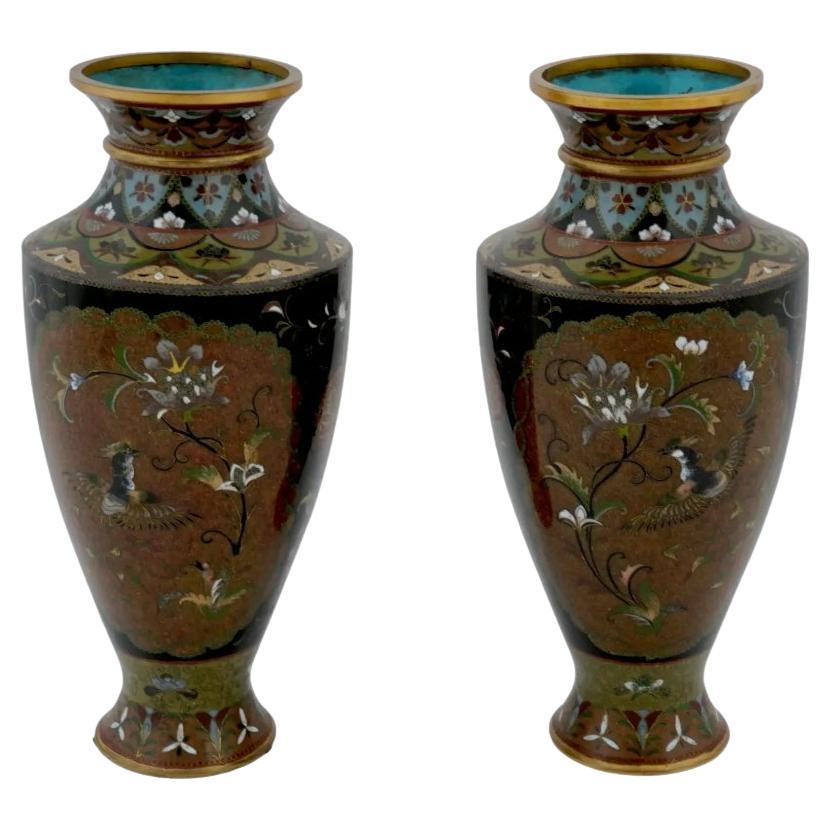 Antique Pair Early Meiji Japanese Cloisonne Enamel Bird and Garden Vases Attribu
