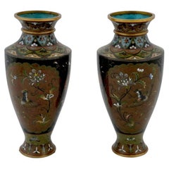 Antique Pair Early Meiji Japanese Cloisonne Enamel Bird and Garden Vases Attribu