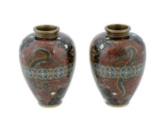 Antique Pair Early Meiji Japanese Cloisonne Enamel Dragon Crane Butterfly Vases