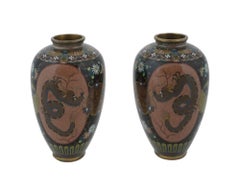 Antique Pair Early Meiji Japanese Cloisonne Enamel Dragon Crane Vases Attributed