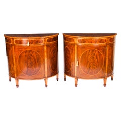 Antique Pair Edwardian Flame Mahogany Demi Lune Cabinets Early 20th Century