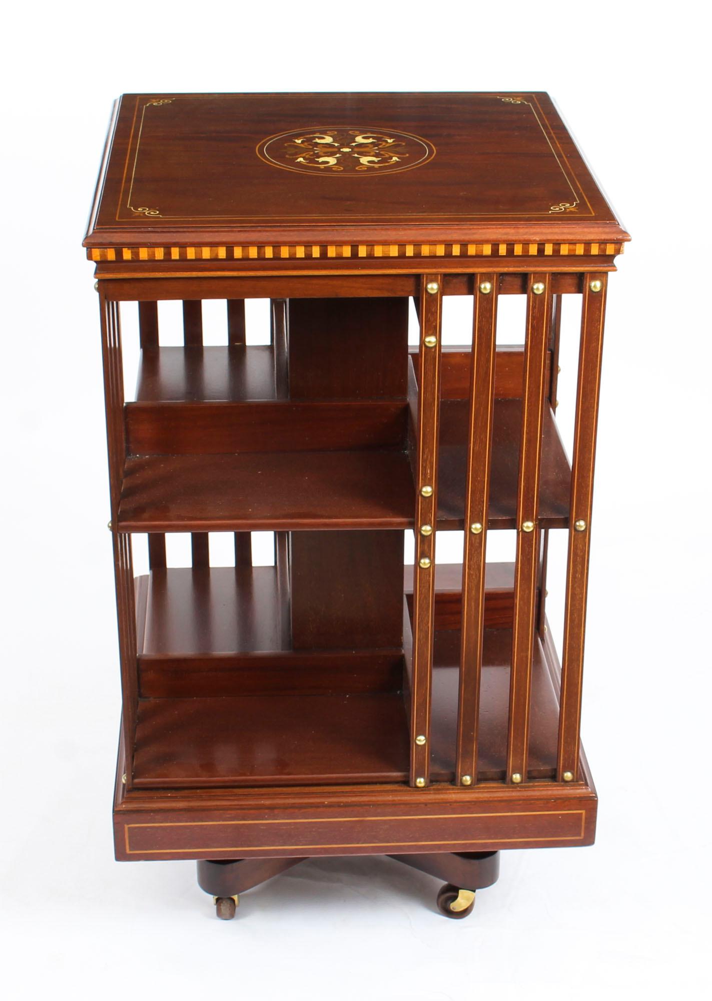 Marquetry Antique Pair Edwardian Inlaid Mahogany Square Revolving Bookcases 19th Century