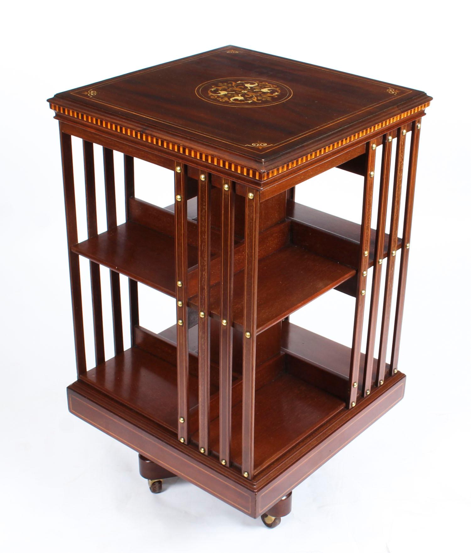 Antique Pair Edwardian Inlaid Mahogany Square Revolving Bookcases 19th Century In Good Condition In London, GB