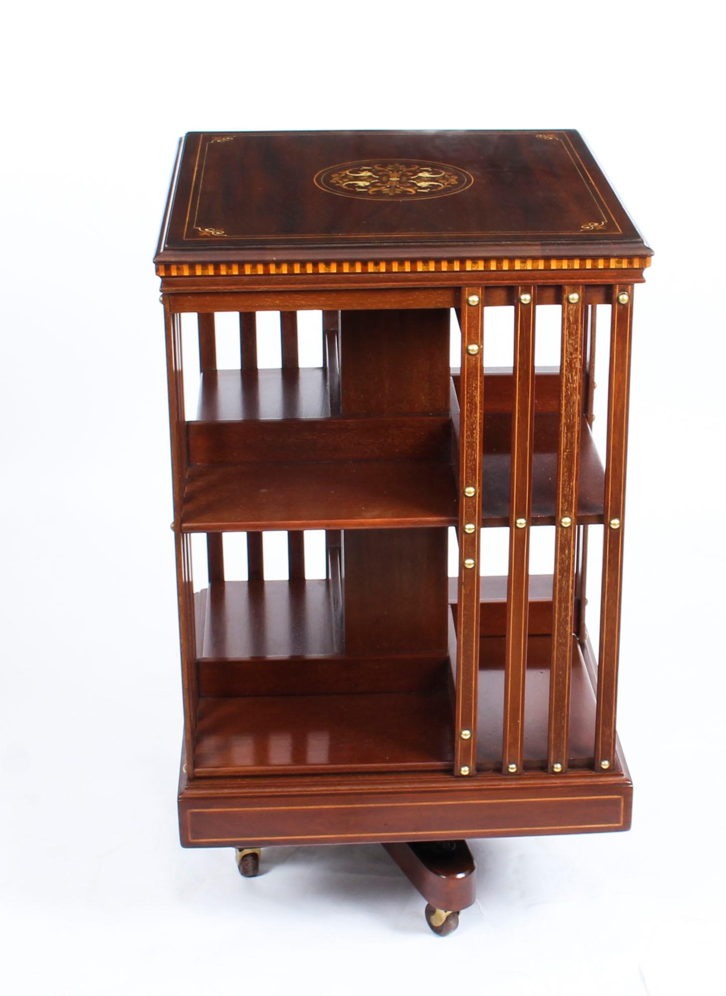 Early 20th Century Antique Pair Edwardian Inlaid Mahogany Square Revolving Bookcases 19th Century