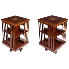 Pair of Edwardian Inlaid Mahogany Square Revolving Bookcases, Early 20th Century