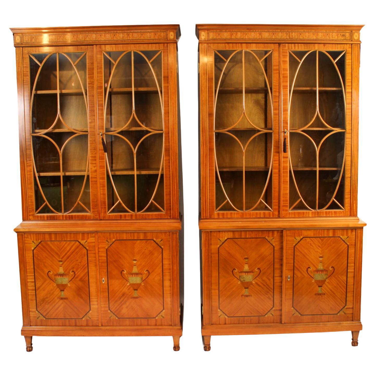 Antique Pair Edwardian Inlaid Satinwood Bookcases by Maple & Co Early 20th C For Sale