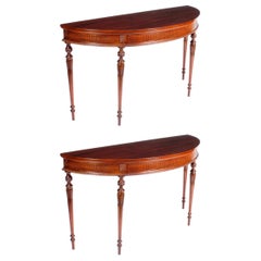 Antique Pair of Edwardian Mahogany Demilune Console Side Tables, 19th Century