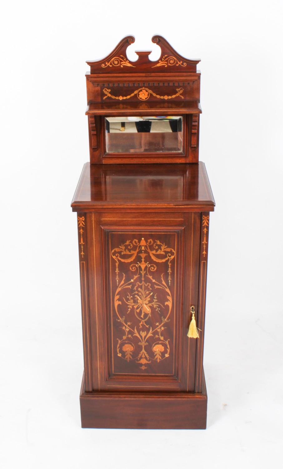 English Antique Pair Edwardian Mahogany Marquetry Bedside Chests 19th C For Sale