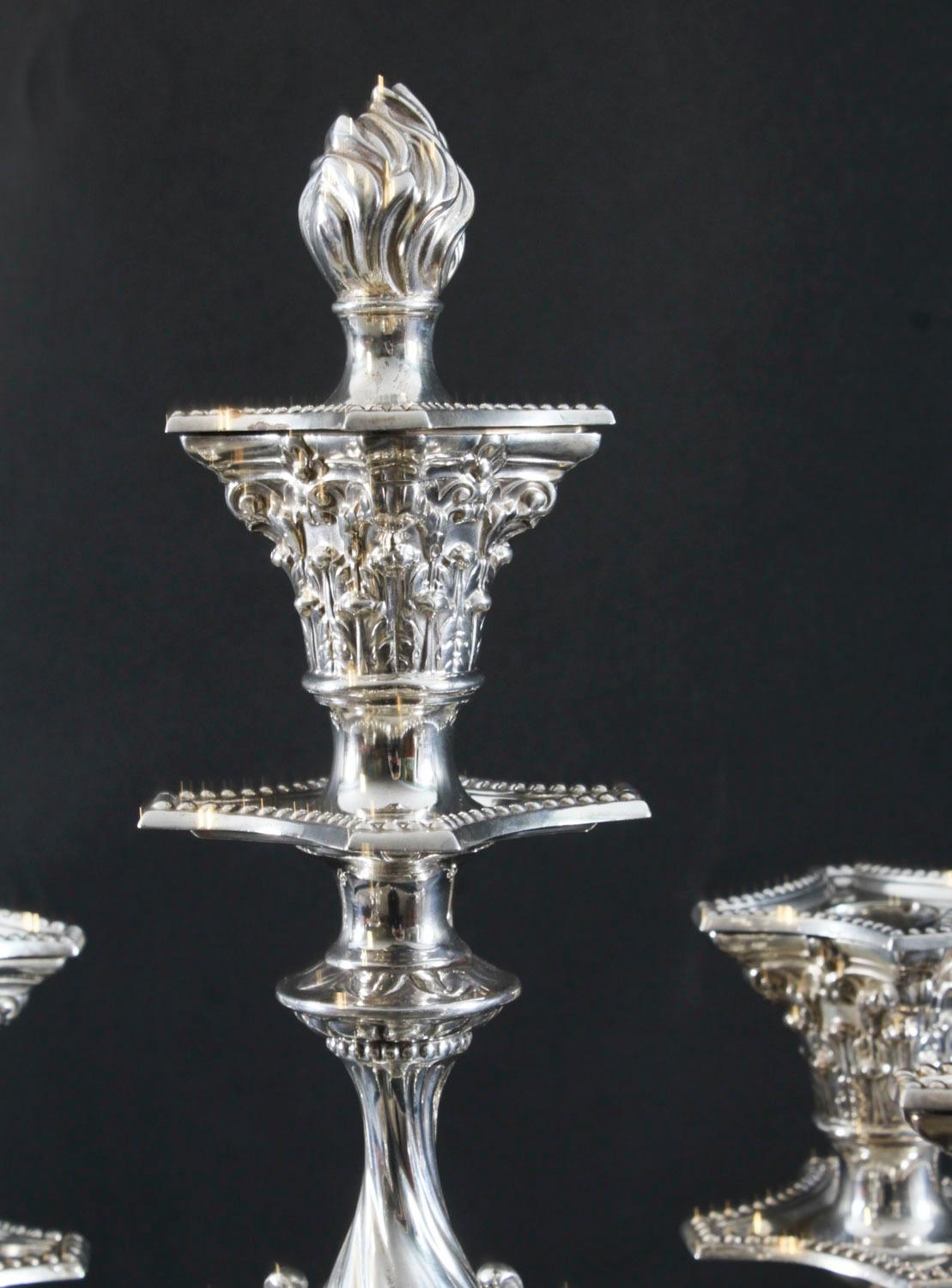Coppia antica di candelabri edoardiani a 5 luci placcati in argento del XX secolo in vendita 3