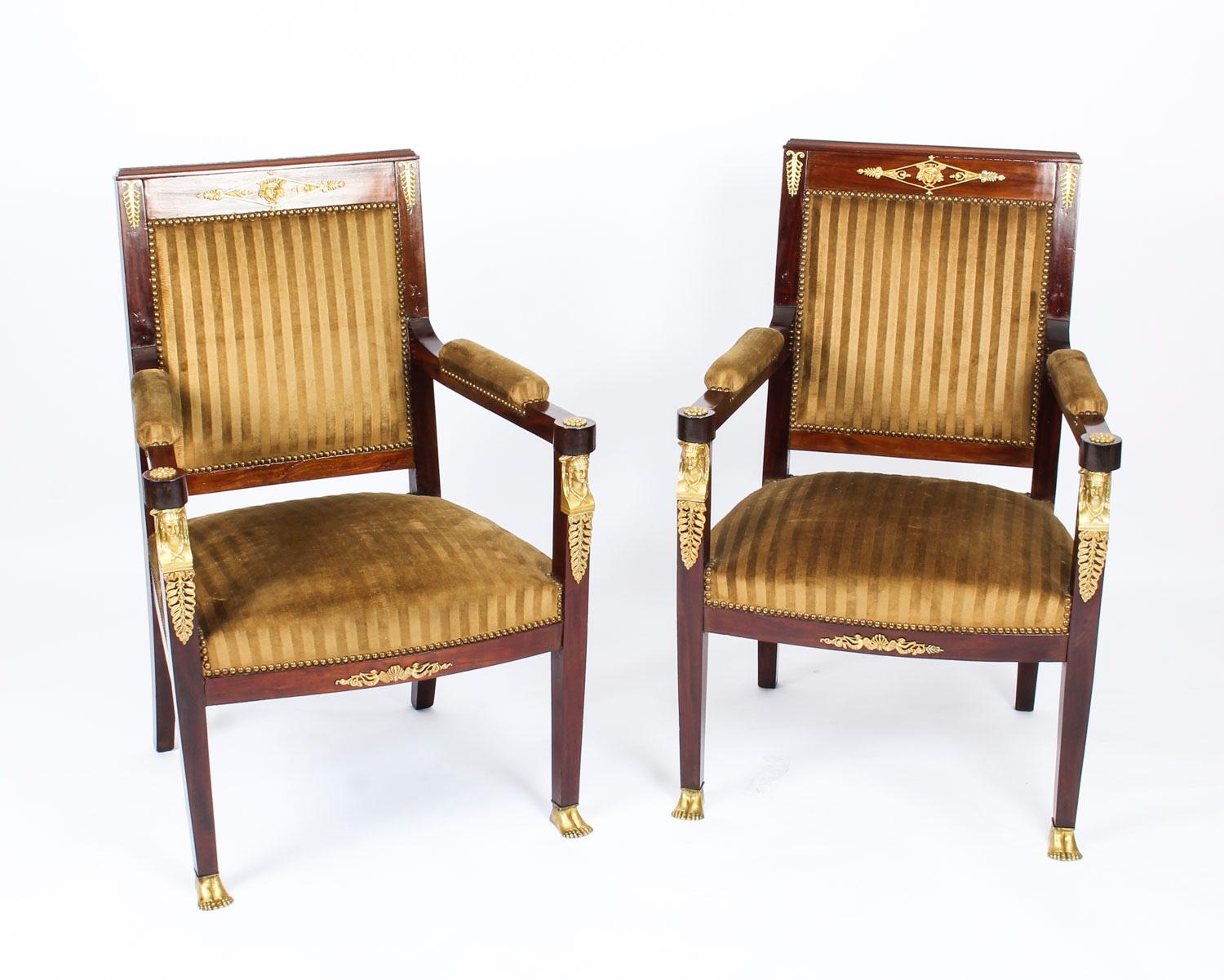 Antique Pair of Empire Revival Ormolu Mounted Armchairs, 19th Century 10