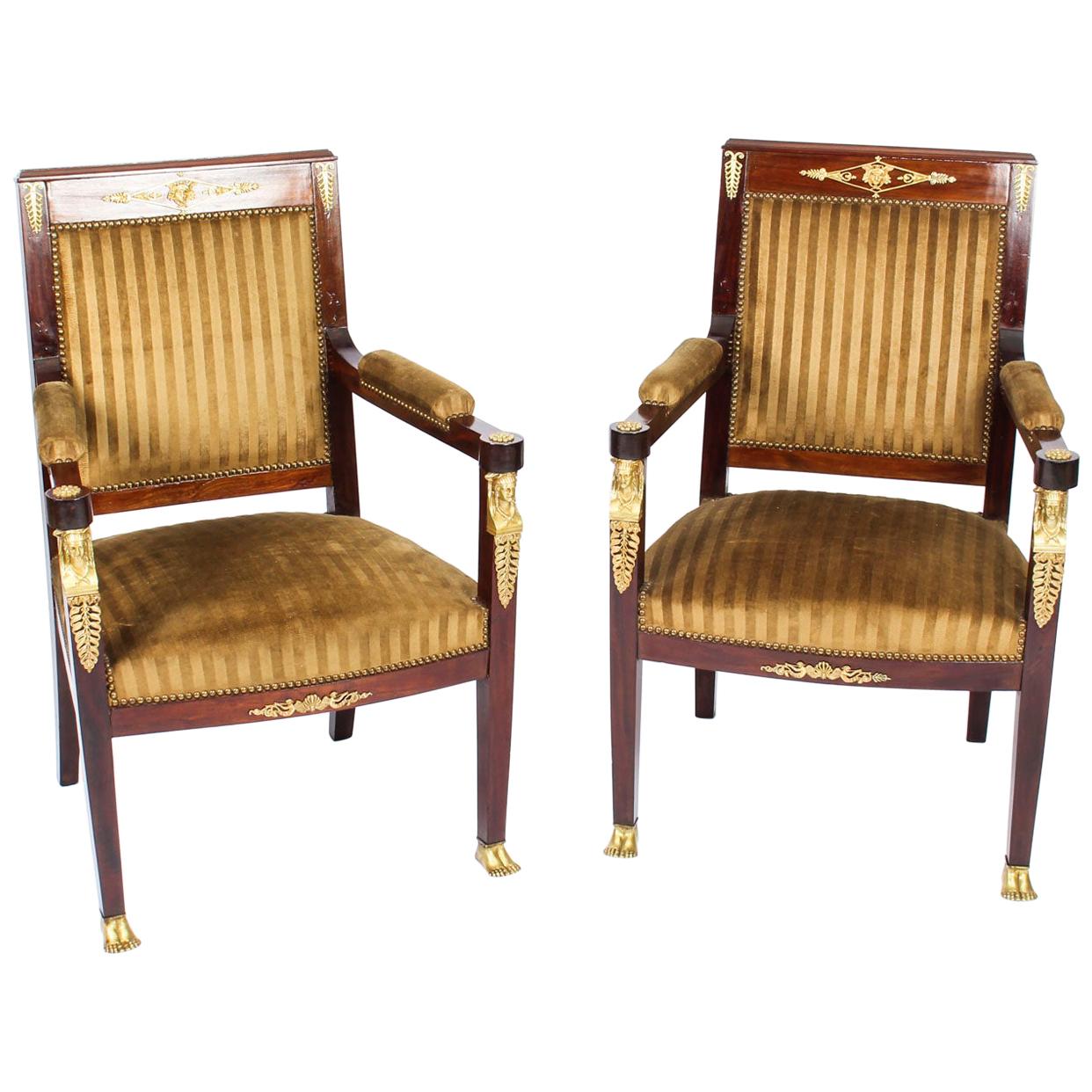 Antique Pair of Empire Revival Ormolu Mounted Armchairs, 19th Century