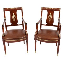 Antique Pair Empire Revival Ormolu Mounted Armchairs 19th Century