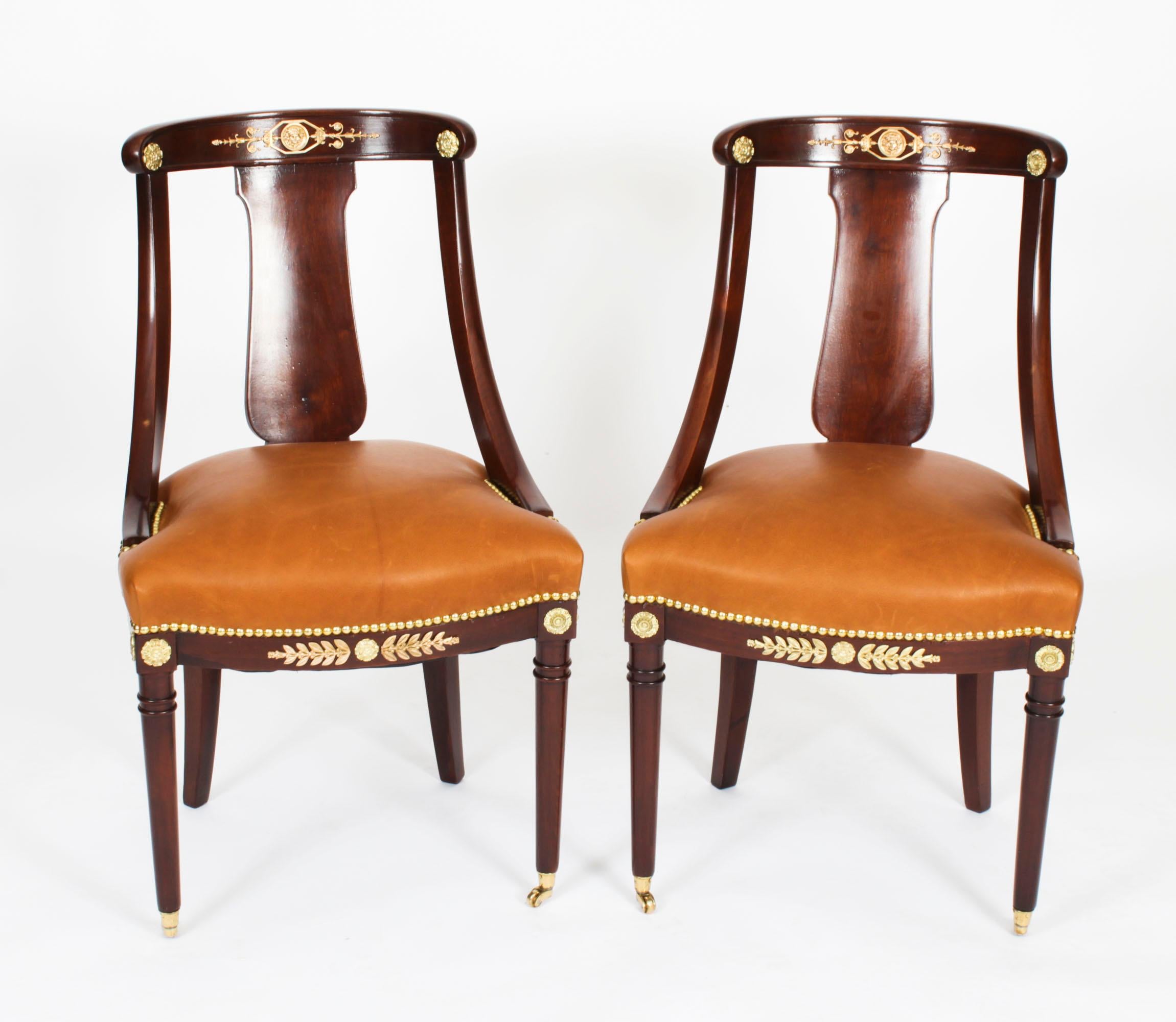 Antique Pair Empire Revival Ormolu Mounted Fauteuil Chairs 19th Century For Sale 8