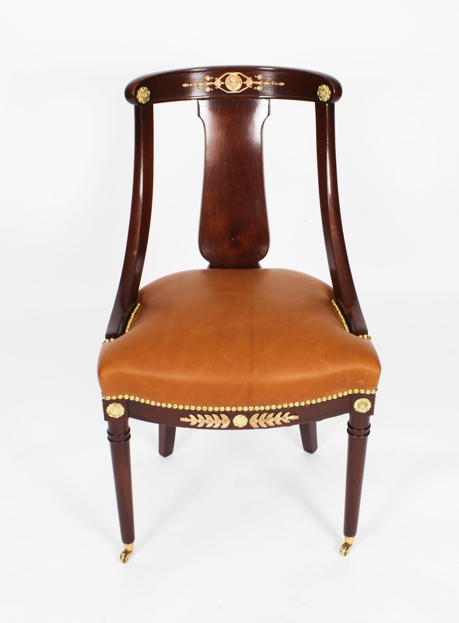 Antique Pair Empire Revival Ormolu Mounted Fauteuil Chairs 19th Century In Good Condition For Sale In London, GB
