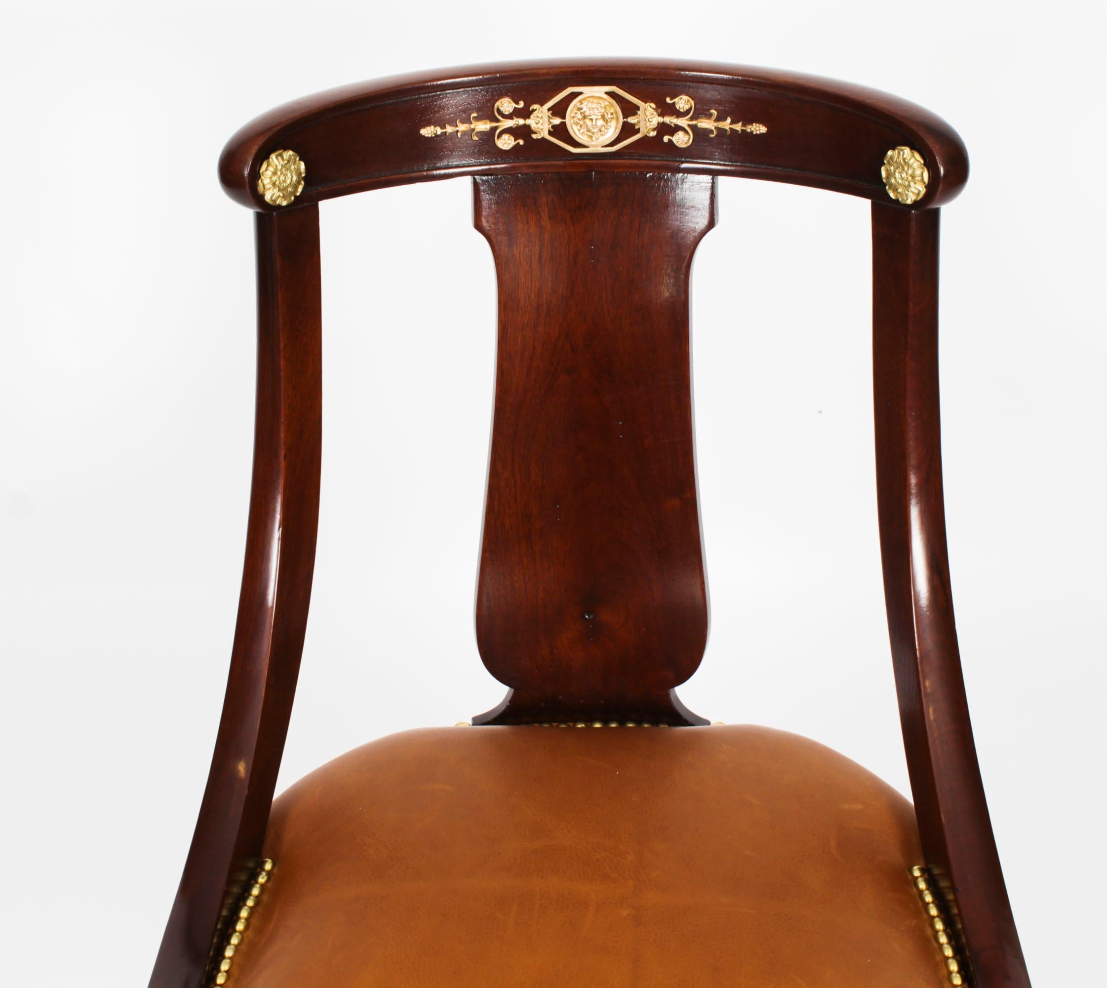 Late 19th Century Antique Pair Empire Revival Ormolu Mounted Fauteuil Chairs 19th Century For Sale