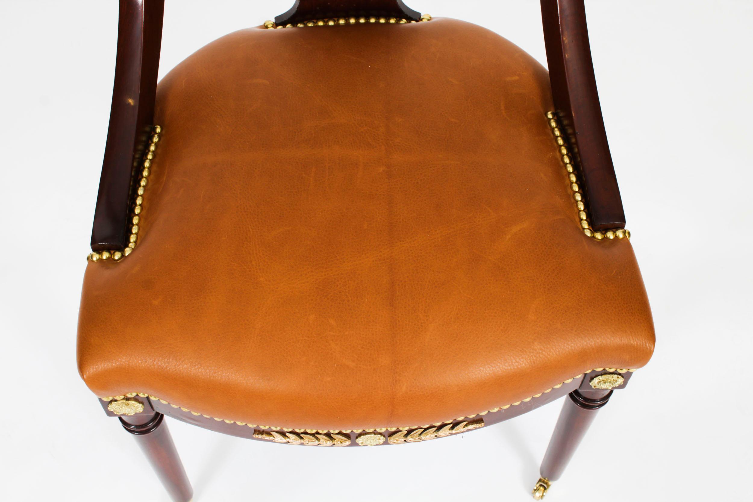 Antique Pair Empire Revival Ormolu Mounted Fauteuil Chairs 19th Century For Sale 1