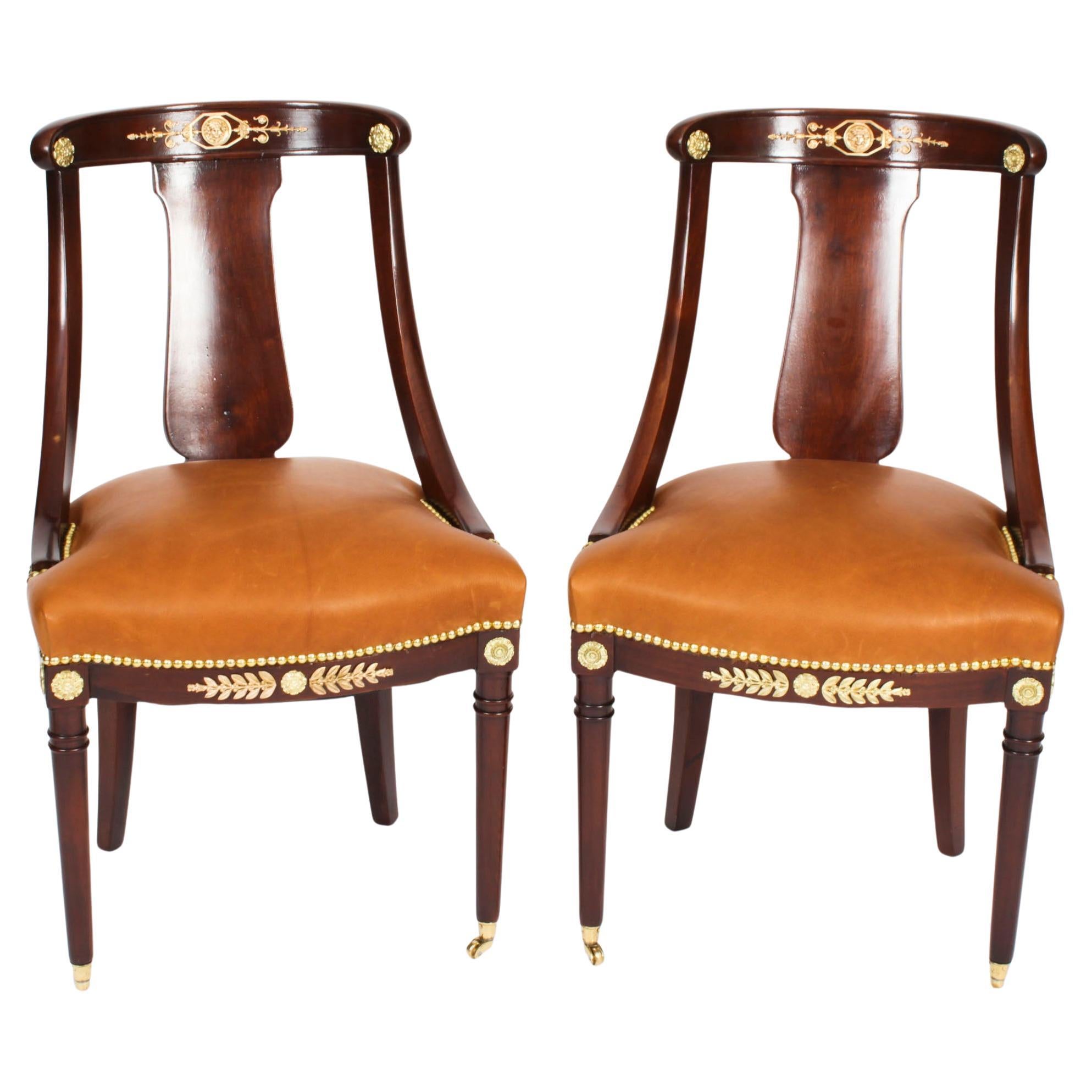 Antique Pair Empire Revival Ormolu Mounted Fauteuil Chairs 19th Century
