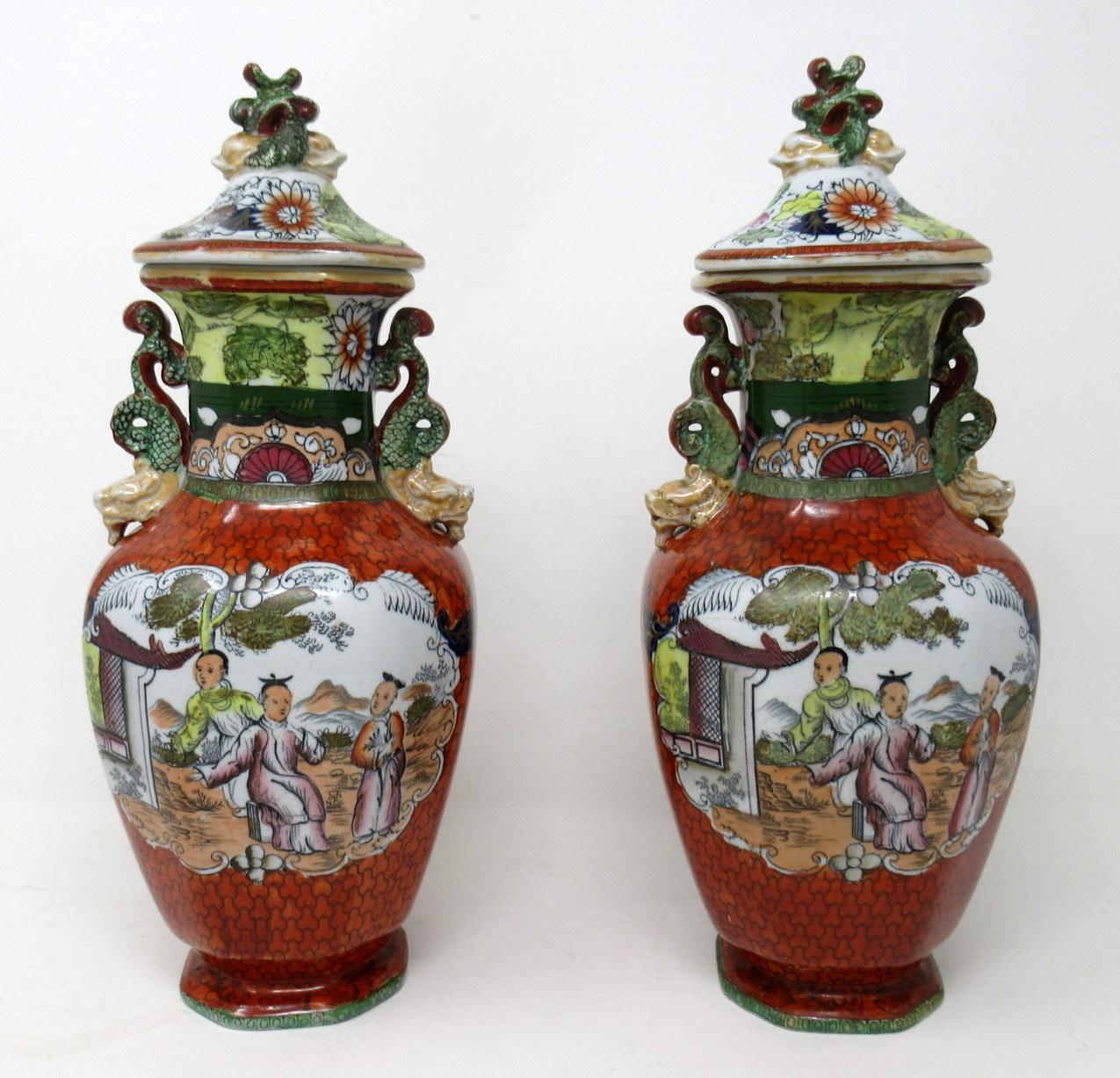 Victorian Antique Pair English Chinoiserie Masons Ironstone China Vases Urns Terracotta
