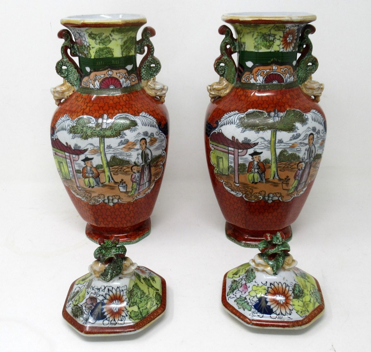 Hand-Painted Antique Pair English Chinoiserie Masons Ironstone China Vases Urns Terracotta