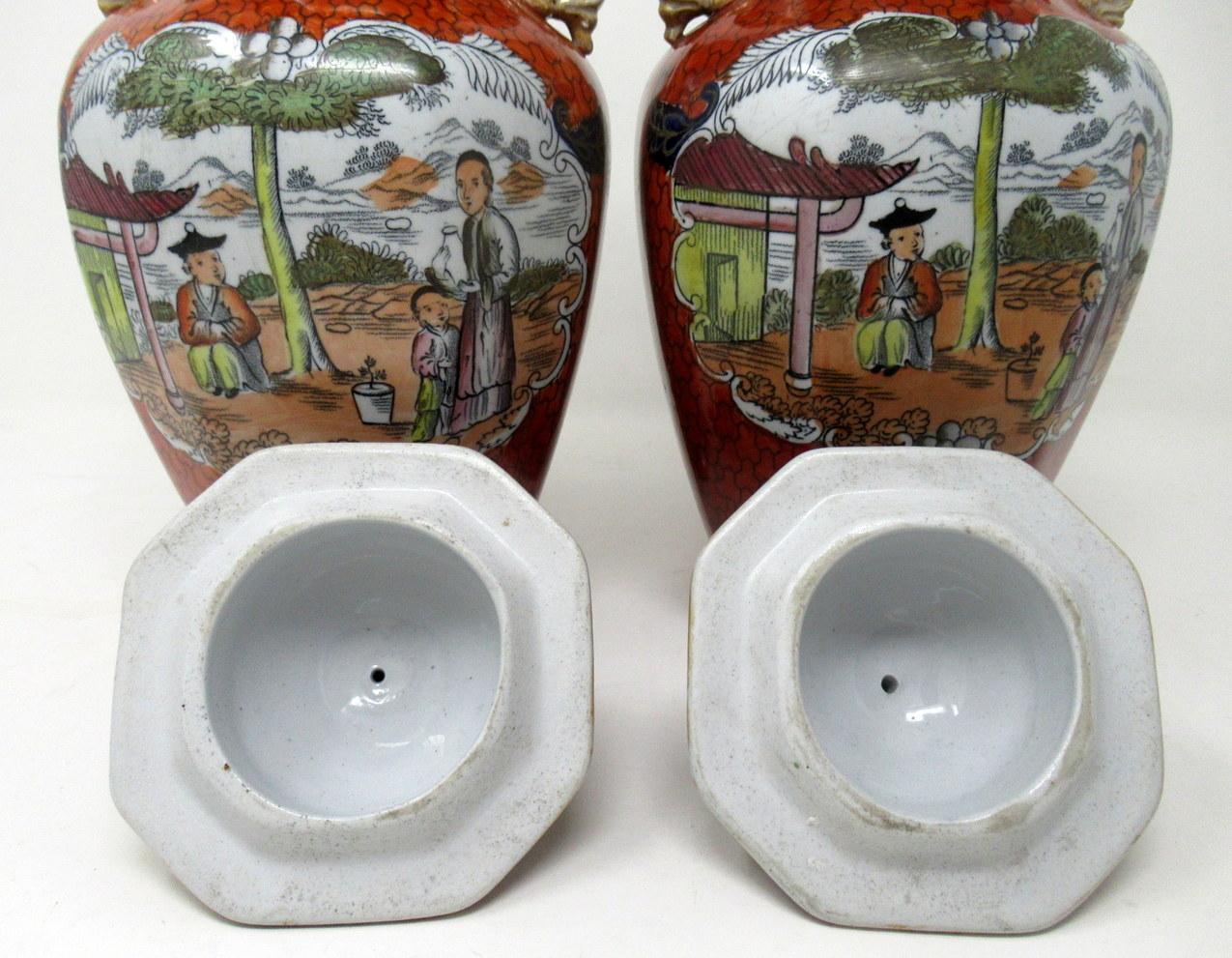 Porcelain Antique Pair English Chinoiserie Masons Ironstone China Vases Urns Terracotta