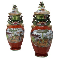 Antique Pair English Chinoiserie Masons Ironstone China Vases Urns Terracotta