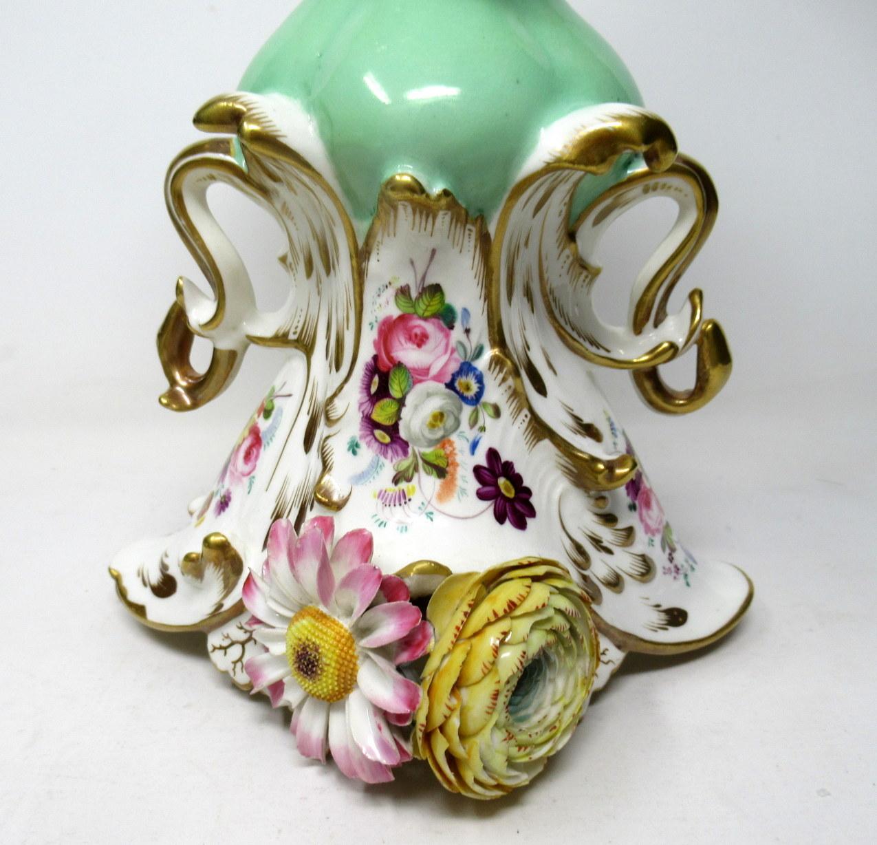 Ceramic Antique Pair of English Coalport Coalbrookdale Flower Encrusted Gilt Vases Urns