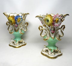 Antique Pair of English Coalport Coalbrookdale Flower Encrusted Gilt Vases Urns