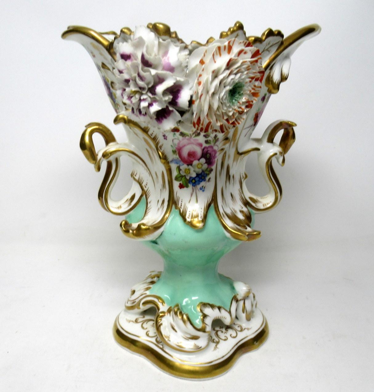 19th Century Antique Pair of English Coalport Coalbrookdale Flower Encrusted Gilt Vases Urns