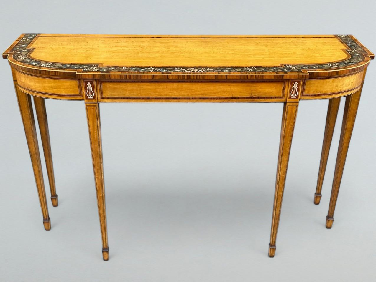 Regency Antique Pair English Console Side Demilune Painted Satinwood Tables after Seddon For Sale