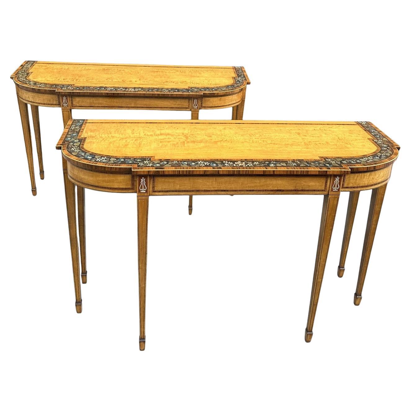 Antique Pair English Console Side Demilune Painted Satinwood Tables after Seddon For Sale