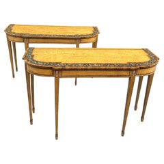 Used Pair English Console Side Demilune Painted Satinwood Tables after Seddon