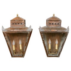 Antique Pair English Copper Lantern-Style 2-Light Wall Sconces, 24.5" Tall